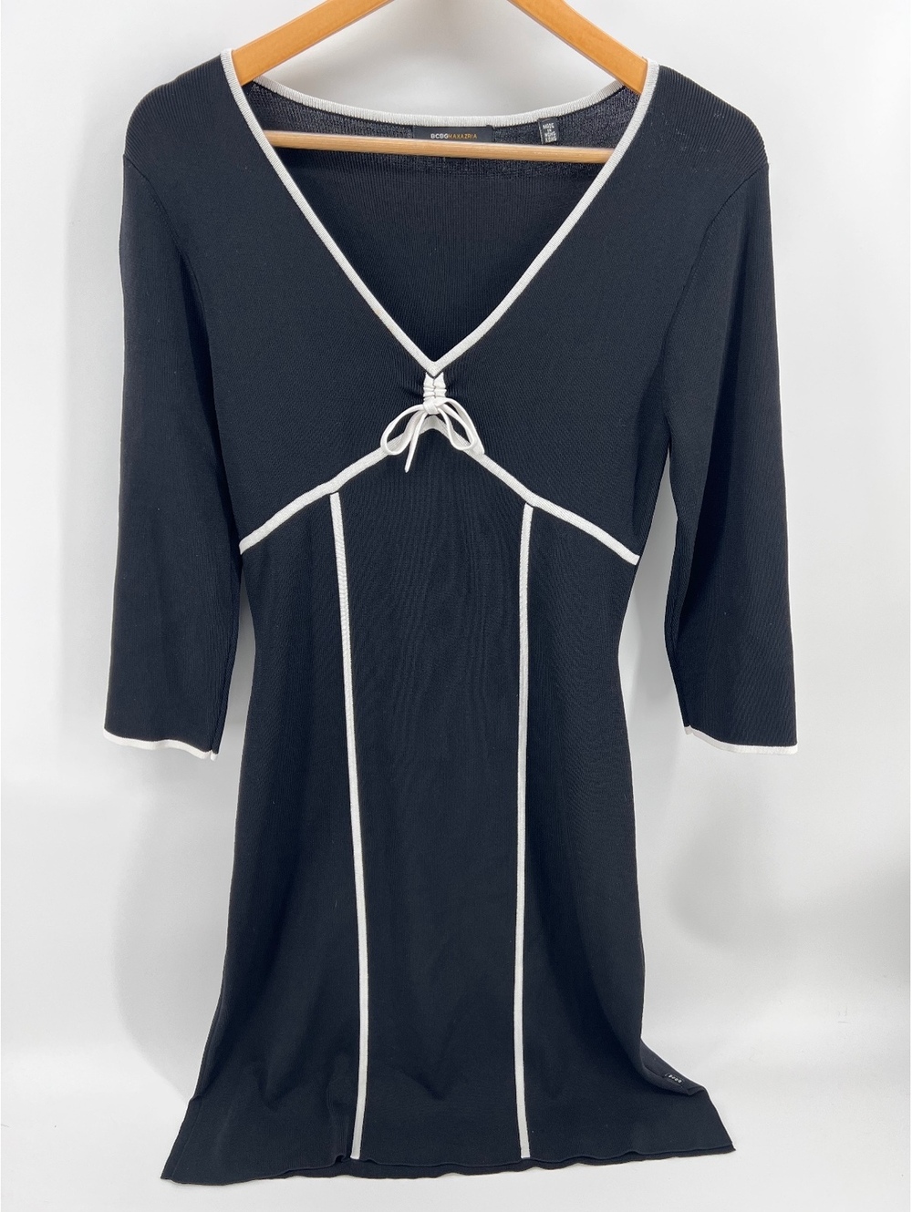 Sweater Dress Medium Black White Contrast Trim V-Neck Bow Mini Mid-Sleeve Office